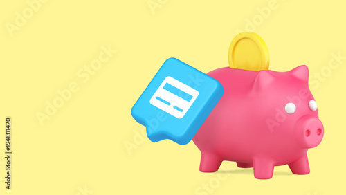 Minimalist 3d banner with cartoon piggy bank, coin, and credit card icon. Vector illustration for financial savings, and online banking. Modern design for web, finance apps, and marketing