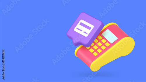 Minimalist 3d banner with cartoon POS terminal and credit card icon. Vector illustration for contactless payment, and retail services. Modern design for web, finance apps, and marketing