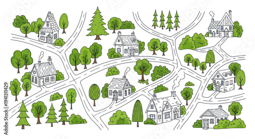Charming Hand-Drawn Village Map with Houses and Trees