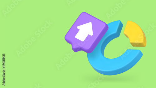 Minimalist 3d banner with cartoon update arrow and progress chart. Vector illustration for software upgrades, development, and growth. Modern design for web, apps, and infographics