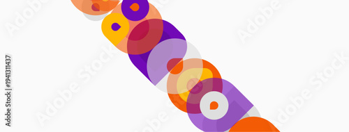 Abstract colorful circles overlap diagonally. Bright hues create dynamic visual pattern. Simple shapes suggest movement, energy.