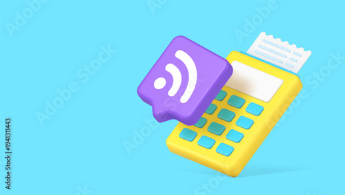 Minimalist 3d banner with cartoon POS terminal, receipt, and wifi icon. Vector illustration for contactless payment, and wireless transactions. Modern design for web, retail apps, and marketing