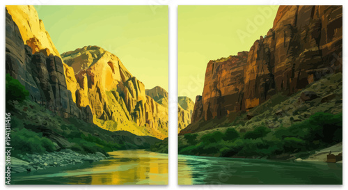 Diptych Mountain Landscape with River and Canyon Walls at Sunrise