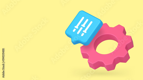 Minimalist 3d banner with cartoon gear and settings icon. Vector illustration for customization, technical support, and user interface options. Modern design for web, apps, and service manuals