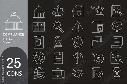 Compliance web icons in line style. Regulations, policy, legal document, quality control, responsibility, law. Editable stroke. Vector illustration