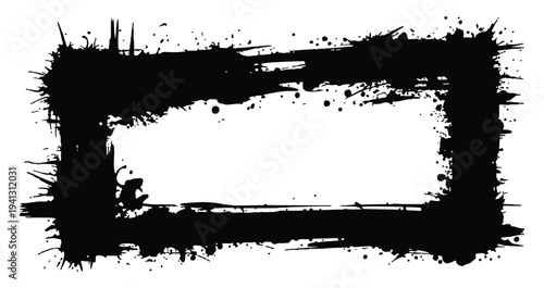 Wide black ink brush stroke rectangle frame with chaotic splatters and distressed edges isolated on white background for graphic design and unique borders