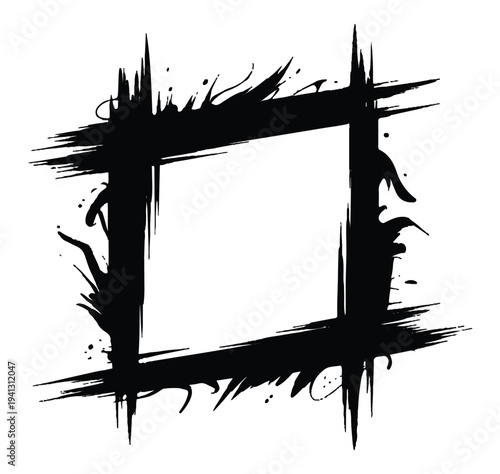 Abstract black paint brush frame with dynamic ink splatters and rough strokes on white background creating an artistic border for creative poster design layout