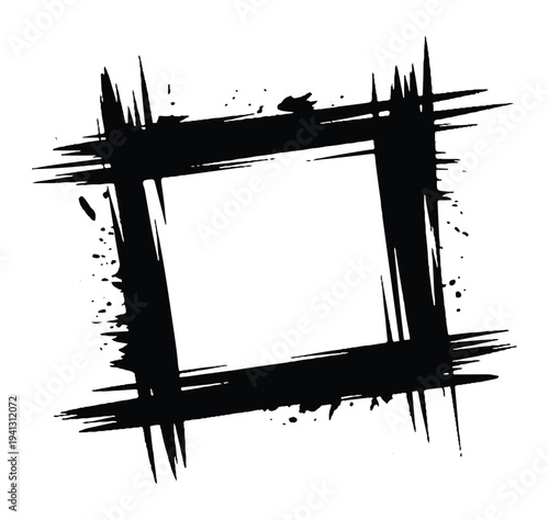 Square black grunge border with messy paint splatters and sharp brush stroke textures for artistic layout and photo framing projects on plain white background
