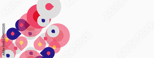 Abstract circles overlap, creating playful shapes. Pink, purple hues dominate white background. Modern design element.