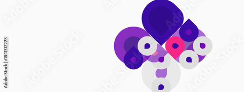 Abstract composition featuring overlapping circles. Purple, pink, white hues create dynamic visual interest. Minimalist design, modern aesthetic.