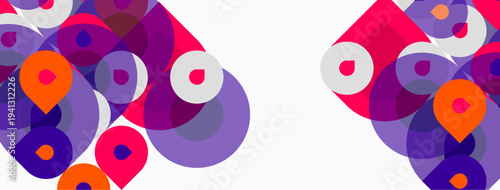 Abstract colorful circles, shapes overlap. Pink, purple, orange hues dominate white background. Modern design element.