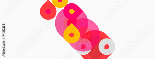 Abstract composition features overlapping circles. Pink, yellow hues dominate white background. Simple shapes create dynamic visual effect.