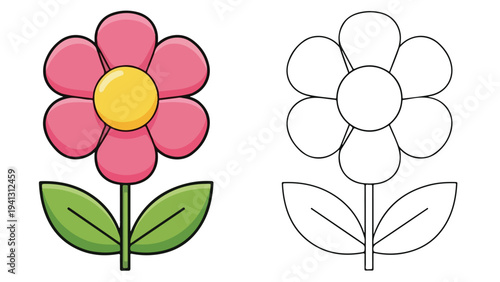 Colorful illustration of a filled and outlined flower with green leaves on a white background.