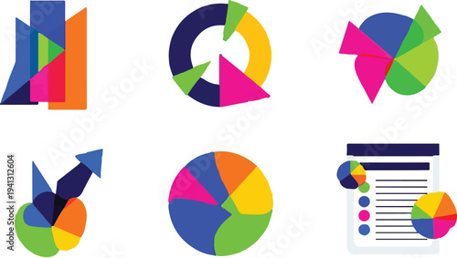 Set of 6 colorful abstract data visualization and analytics vector icons, featuring pie charts, bar graphs, and arrow elements for business reports and marketing presentations.