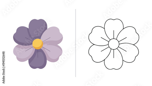 Flat lay of a purple flower with a yellow center next to a black line drawing of a similar flower on a white background.