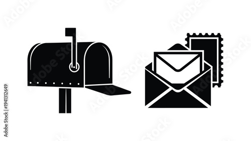 Black mailbox and mail icons presented as a bold silhouette