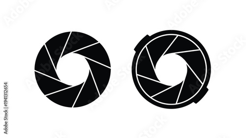 Two camera aperture diagrams depicted in stark black silhouette
