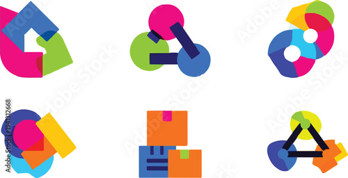 Set of 6 abstract geometric vector icons featuring colorful overlapping shapes, perfect for modern business, technology, and marketing designs.