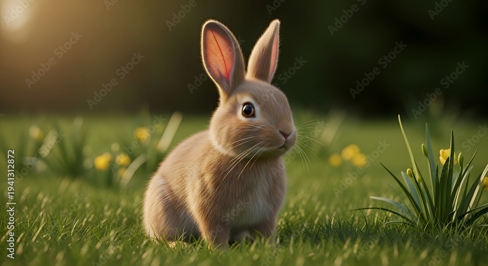 Fototapeta premium Cute brown rabbit sitting in green grass with yellow flowers looking curious outdoors