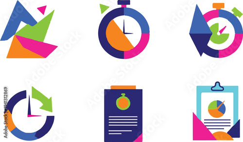 Set of 6 colorful abstract business and time management vector icons featuring stopwatches, pie charts, and document clipboards, ideal for productivity and data visualization designs.
