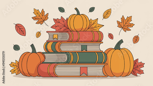 Stack of books with pumpkins and autumn leaves on a beige background symbolizing fall reading