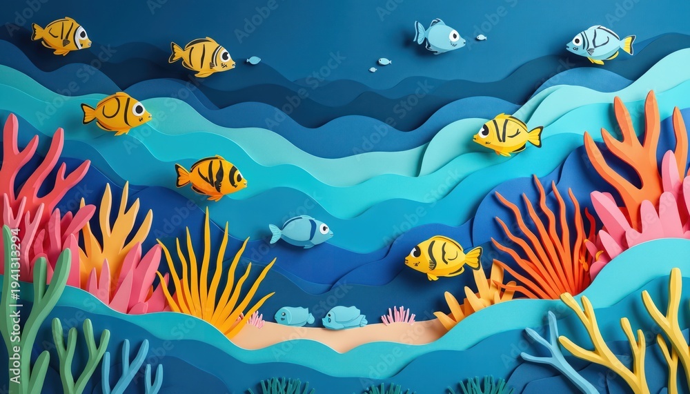 Fototapeta premium Paper cut style underwater scene shows colorful fish swimming among coral reefs, seaweed. Gentle waves create layered blue background. Underwater world depicted in bright, cheerful craft paper style.