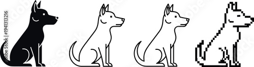 Dog icon set evolution, pet silhouette outline pixel style collection, canine symbol design, domestic animal vector illustration