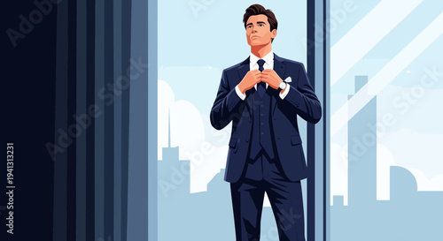 Businessman adjusting tie in modern office with city view
