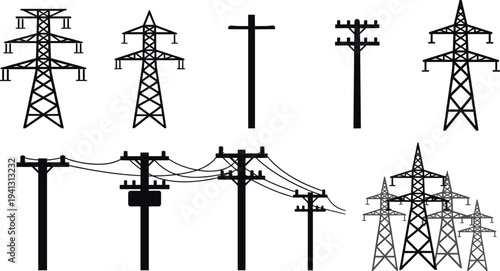 Electric power transmission towers and utility poles silhouettes set, electricity grid infrastructure icons collection for energy distribution network illustration
