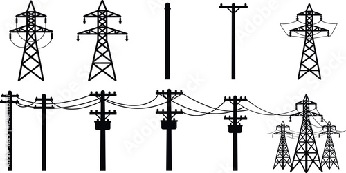 Electric power transmission towers and utility poles silhouettes set, electricity grid infrastructure icons for energy distribution network illustration collection isolated