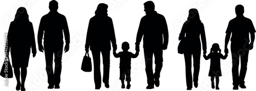 Family walking silhouettes set, parents holding children hands, happy family people collection isolated, parenting love togetherness lifestyle concept illustration