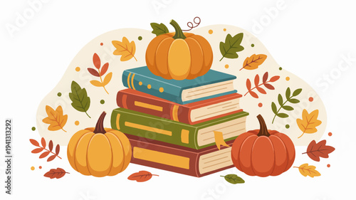 Stack of books with pumpkins and autumn leaves on white background symbolizing fall reading and learning