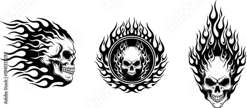 Flaming skull vector set, fire skull tattoo illustration, gothic skeleton head design, burning skull emblem, dark tribal flame artwork