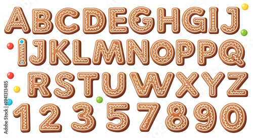 Gingerbread Alphabet and Numbers with Colorful Candies - Christmas Baking Font