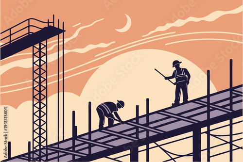 Construction workers building framework at sunset with crane