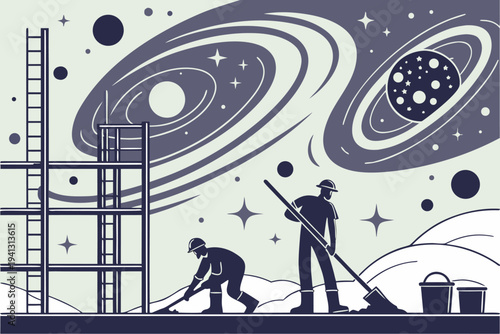 Workers cleaning space station with planets in the background