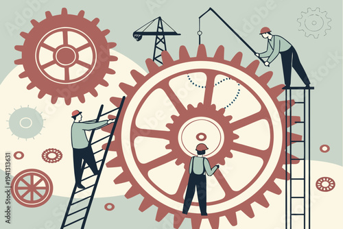 Team of workers assembling large gear in industrial setting