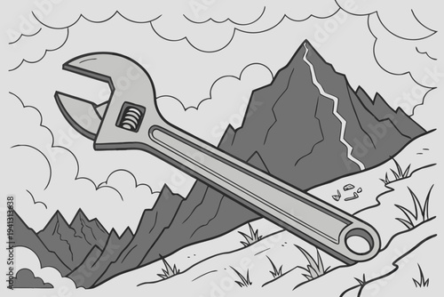 Adjustable wrench lies on rugged mountain landscape with cloudy sky