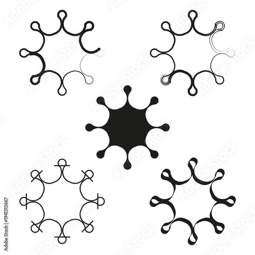 5 five ornaments. Loopy sun Vector. Abstract circular shapes. Black outline set.