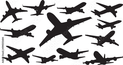 Silhouette of multiple airplanes flying in the sky together