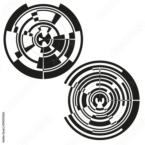 Two 2 tech circles. Geometrical orbital Vector. Symmetrical monochrome symbol. Abstract mechanical circular elements