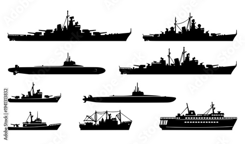 Military Warships and Submarine Silhouette Set – Navy Vessel Vector Collection