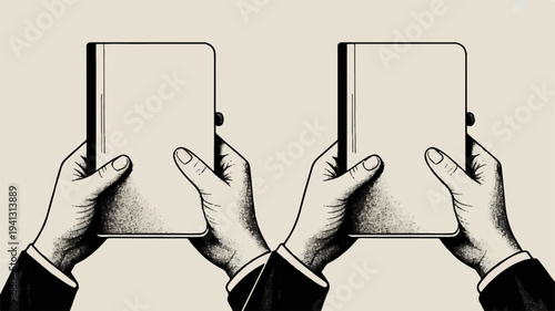 Two hands in business attire holding blank tablets side by side on beige background with black and white illustration style
