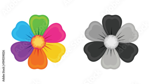 Colorful and grayscale flower icons side by side on a white background with a minimalist design style.