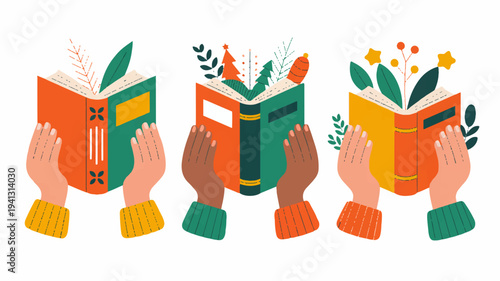 Diverse hands holding books with plants growing out symbolizing growth and knowledge sharing