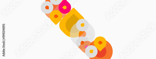 Abstract design features overlapping colorful circles, creating dynamic visual pattern. Simple shapes, bright hues dominate composition.