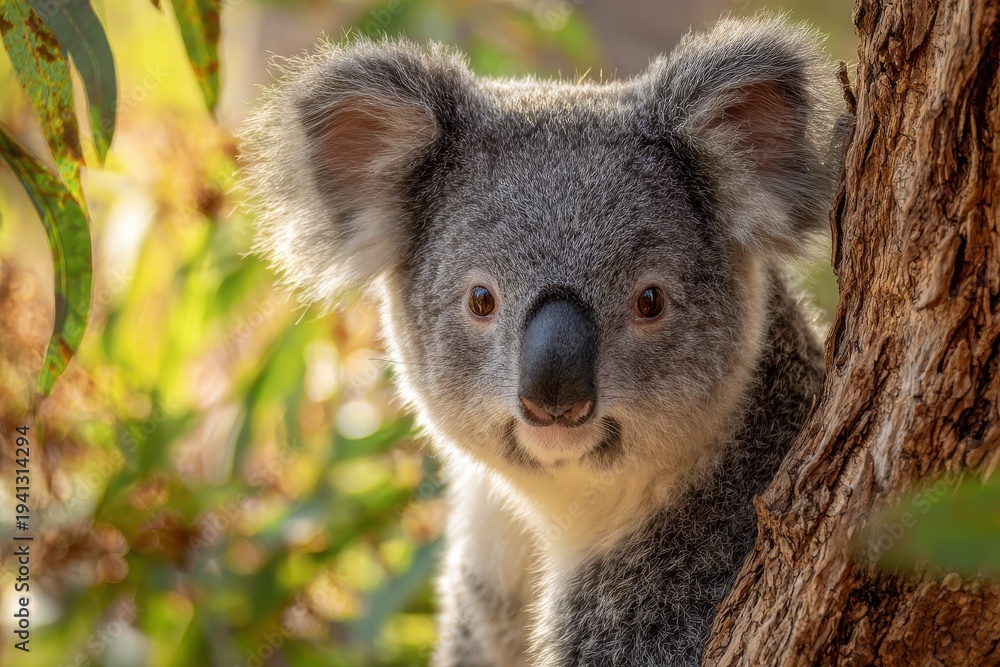 Fototapeta premium Close-up wildlife portrait of a young koala with soft gray fur and calm gaze
