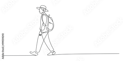Continuous line drawing of a hiker walking with a backpack and a hat on a white background