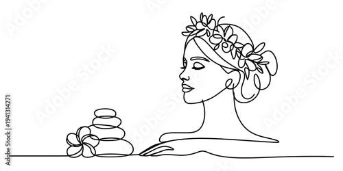 Minimalist one line art of a woman profile with flower wreath and stacked massage stones