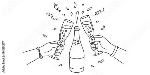 Minimalist line art illustration of two hands clinking champagne glasses to celebrate a special event